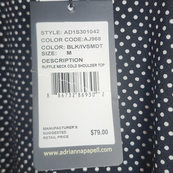 Adrianna Papell Blouse Womens Medium Black White Polka Dot Cold Shoulder Ruffle - Picture 4 of 10